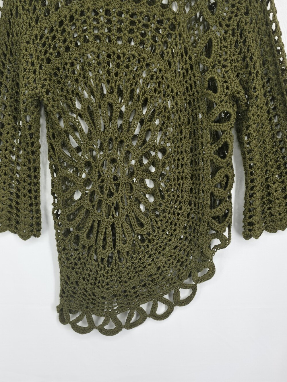 Vintage 90s Olive Crochet Asymmetrical Knit Top Bell Sleeve Boho Coastal Medium - Picture 9 of 10